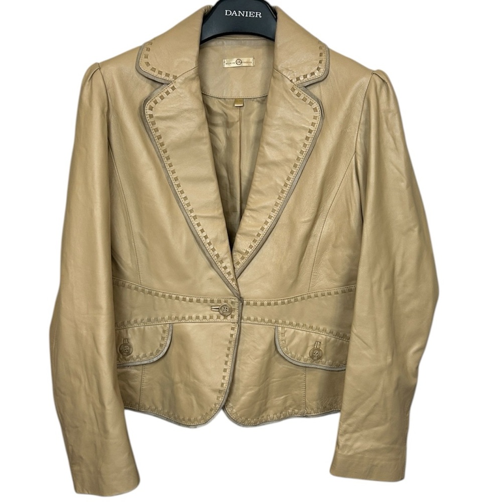 Wilsons leather fitted blazer jacket beige women large genuine leather trim READ